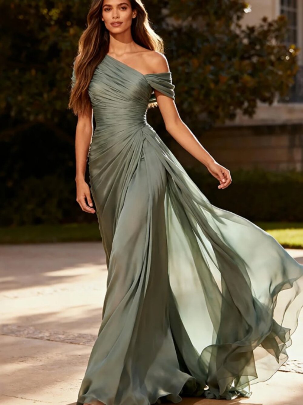 Dusty Sage Chiffon Ruched Formal Dress with Side Cape